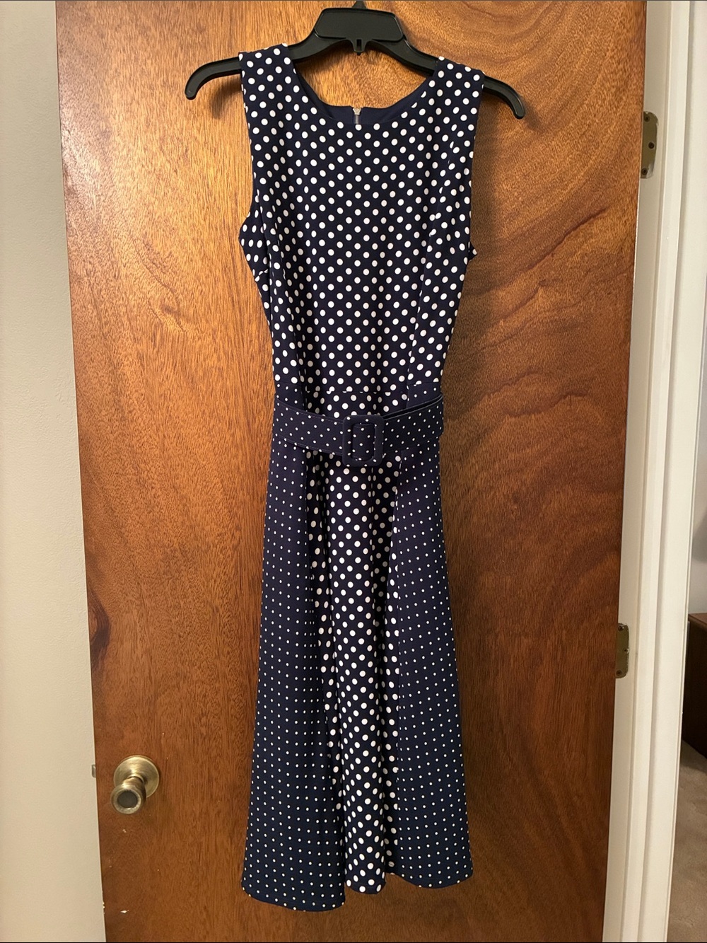 Navy Polka Dot Sleeveless Belted Midi Dress